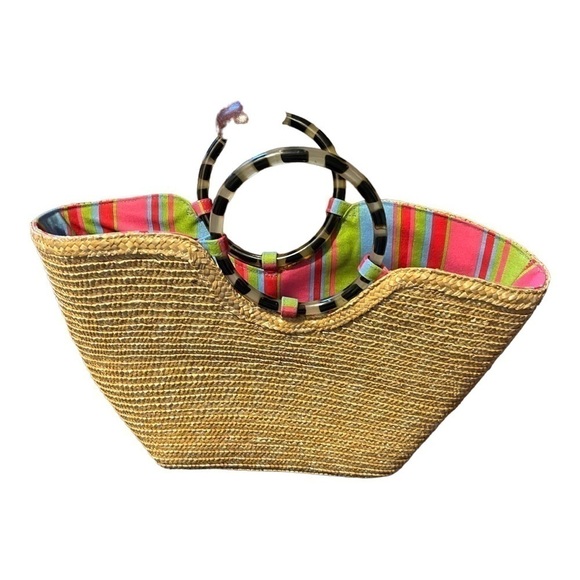 Putu by J MacLear straw bag tortoise ring handles and stripe cotton lining - Picture 9 of 9